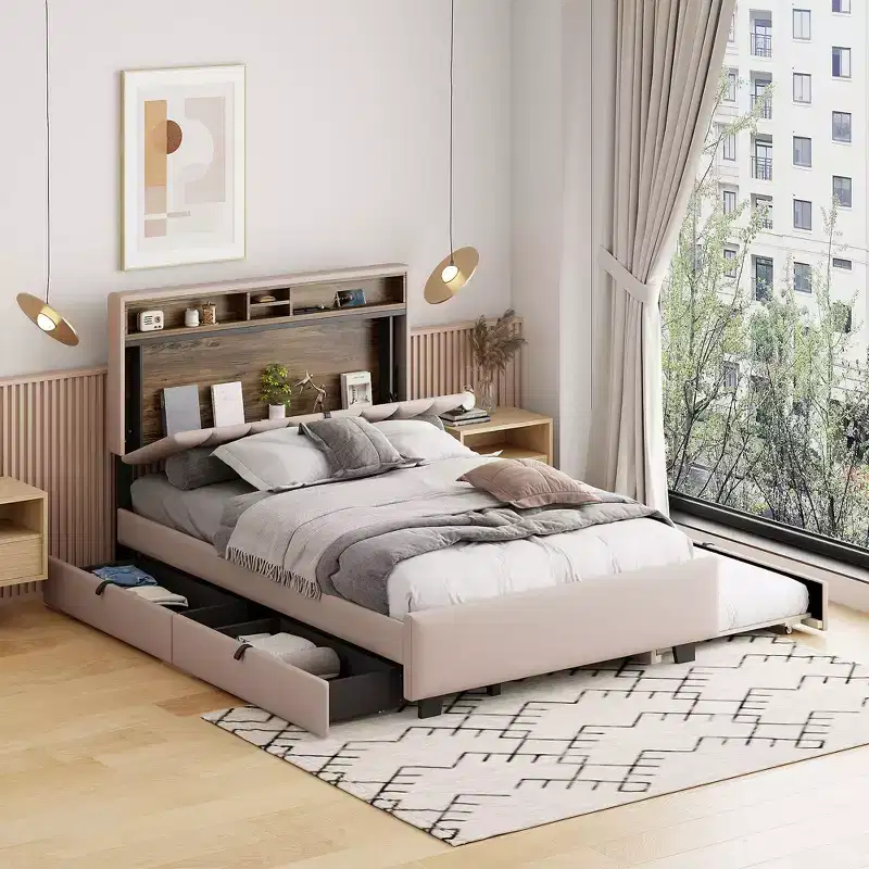 Okak Full/Queen Platform Bed Frame with Upholstered & Trundle Storage Headboard Bed with 2 Drawers Sockets USB Ports Easy Assembly