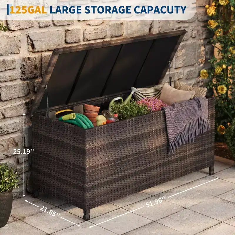 COZONY Outdoor Storage Deck Box with Wheels, Waterproof PE Rattan Patio Storage Box, Large Garden Storage Container for Patio Poolside Backyard