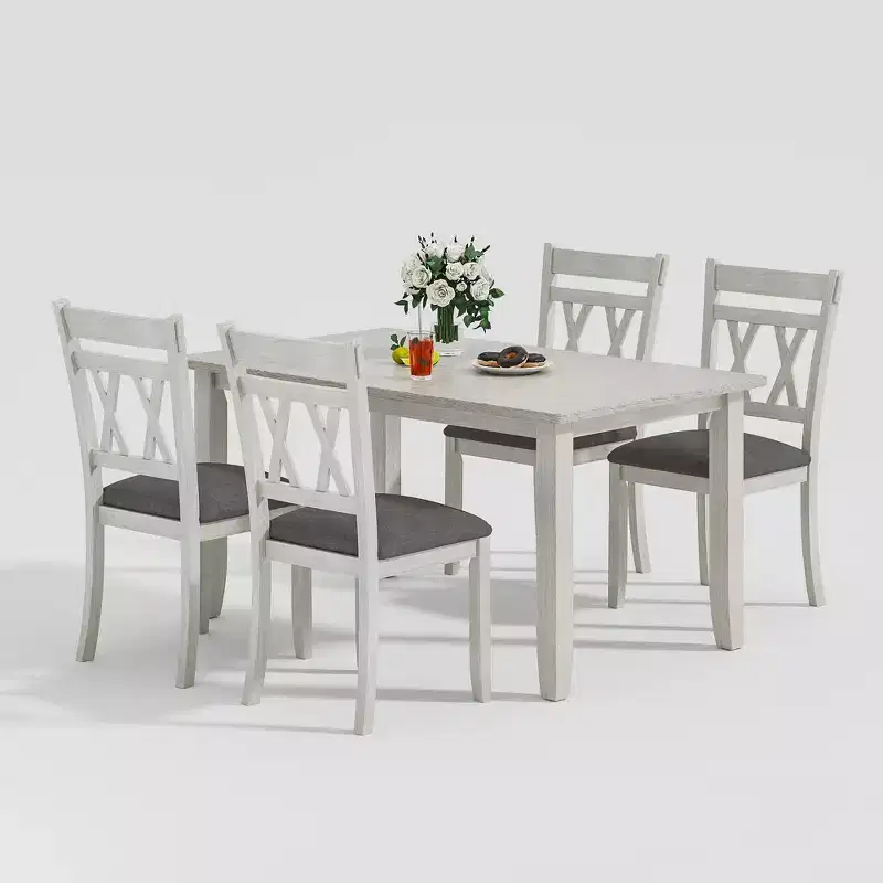 VECELO Farmhouse Style Dining Table Set, Rubber Wood Table with 4/6 Upholstered Dining Chairs, Gray
