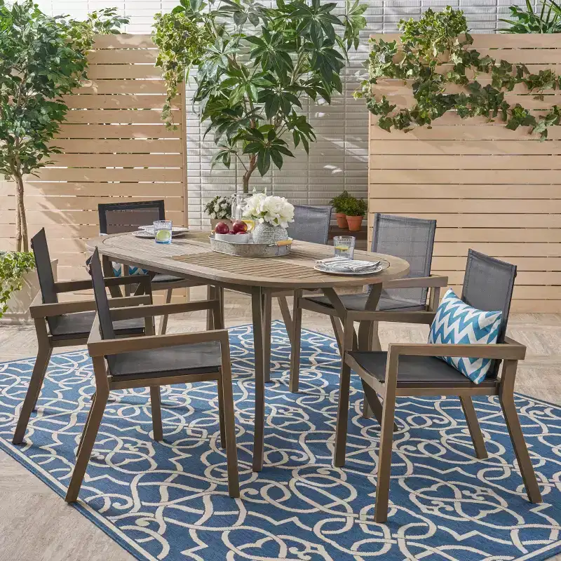 Christopher Knight Home Arletta Outdoor Mesh and Acacia Wood 7 Piece Dining Set