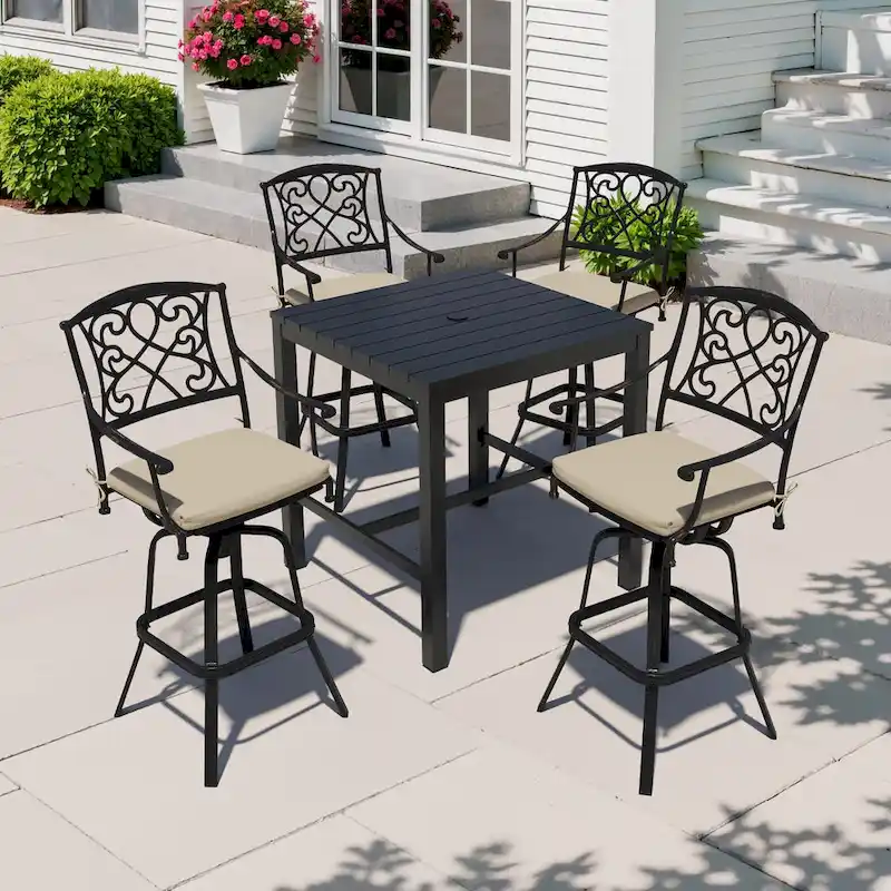 3/5-Piece Patio Bar Stool Set Cast Aluminum Swivel Bar Stools with Sunbrella Fabric Cushion