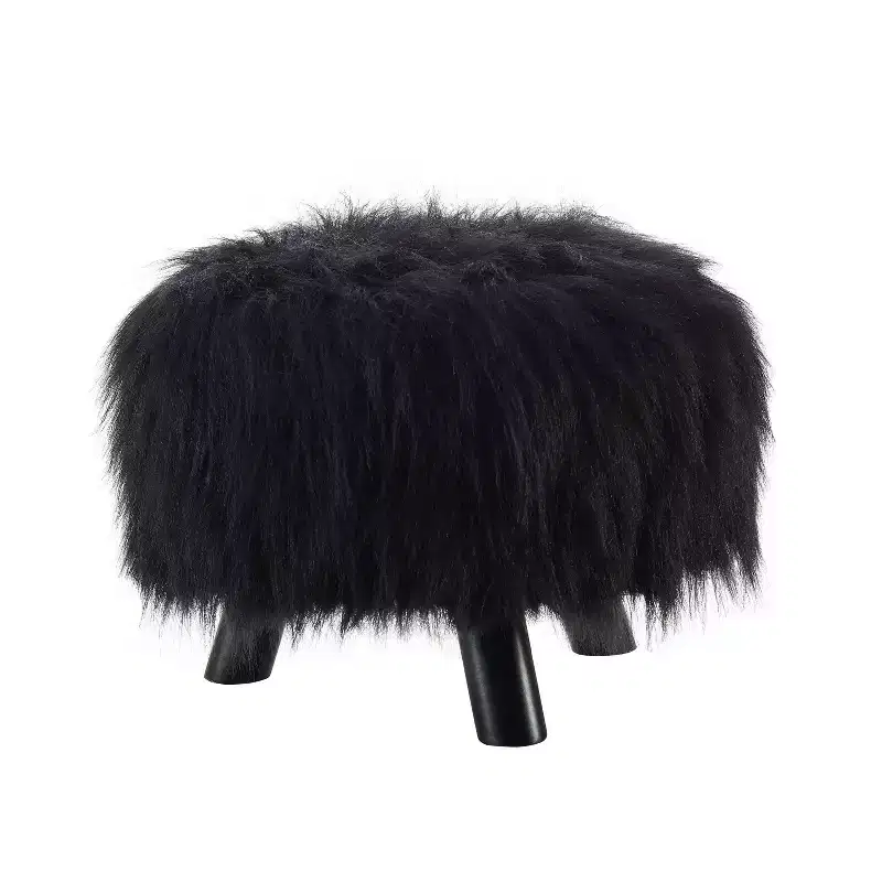 Faux Fur Round Foot Stool Ottoman, Padded, Wood Legs