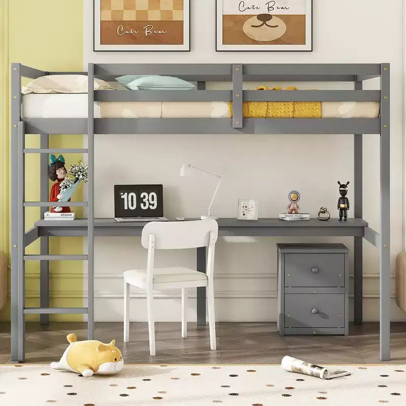 MAYEERTY Twin Loft Wood Bed with Under-bed, Bulit-in Desk, a Storage Cabinet of 2 Drawers, Guardrails, Gray