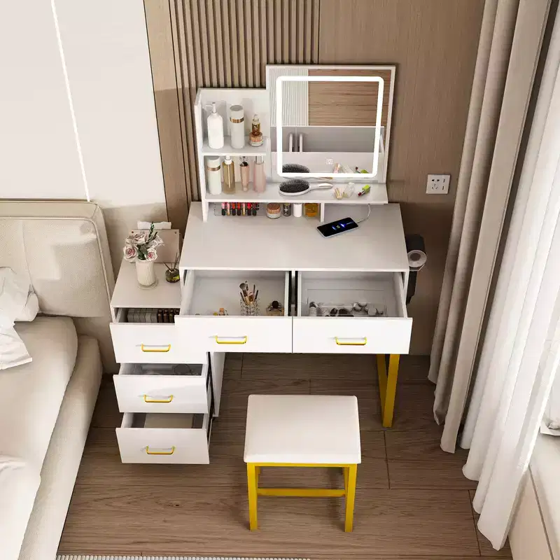Vanity Desk with LED Lights, Power Outlet & 5 Drawers, Metal Legs, White