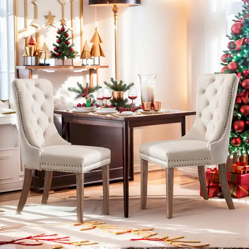 Velvet Dining Chairs  of 2, Upholstered High-end Tufted Dining Room Chair with Nailhead Back Ring Pull Trim Solid Wood Legs