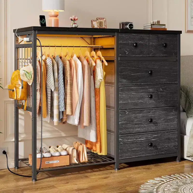 Metal Frame 6-Drawer Fabric Dresser with Hanging Rack 47.2''H Gray