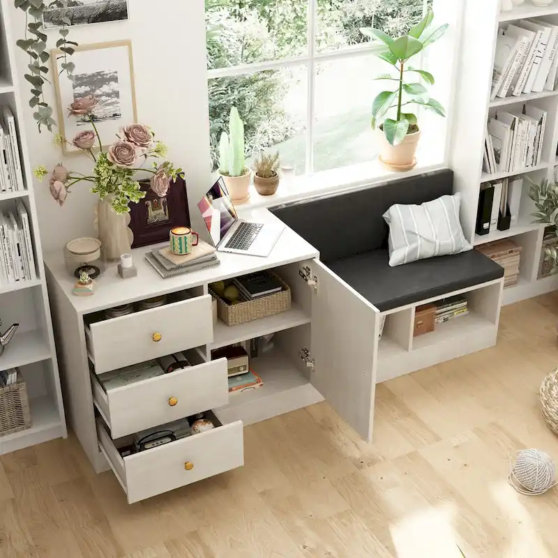 Modern White Shoe Storage Bench with Black Cushion and Adjustable Rack
