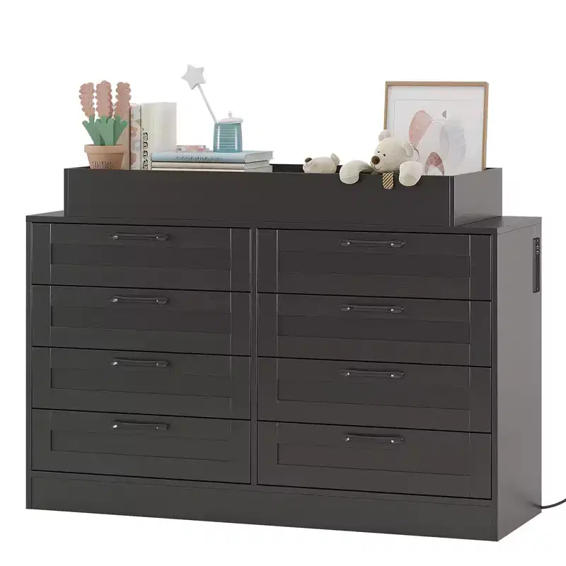White Changing Table Dresser with 8 Wood Drawers, Classic Nursery Dresser, Multi-Functional Diaper Changing Station, Dresser for Bedroom (No Pad)