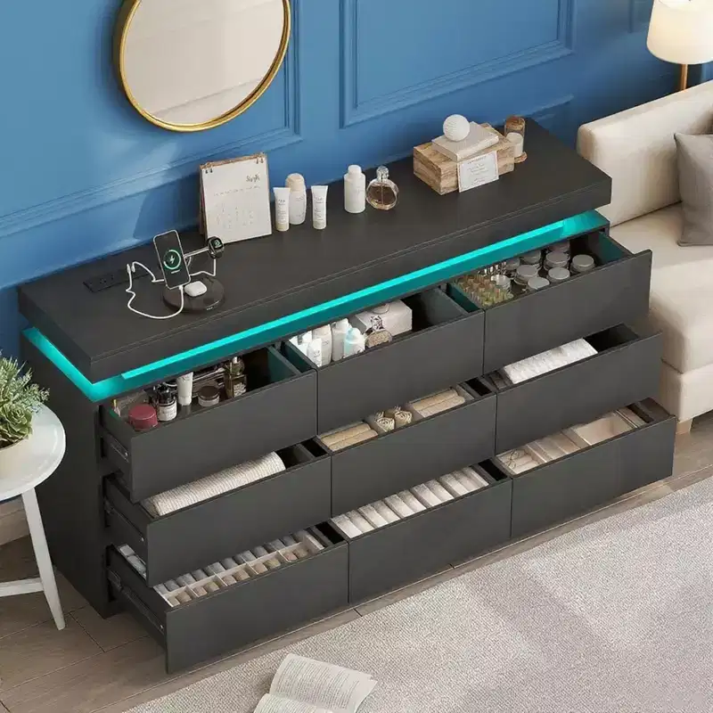 9 Drawer Dresser with Power Outlet,Dresser with LED Light,Modern Chest of Drawers for Closet,Double Wide Drawer Organizer Cabinet for Room