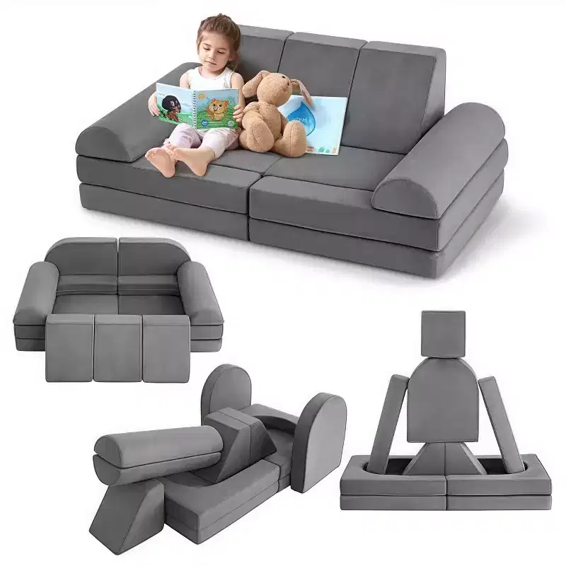 GustoWave Upholstered Velvet 10 pcs Modular Kids Couch Set, Foam Play Sofa for Toddlers, Convertible Children's Playroom Furniture, Gray