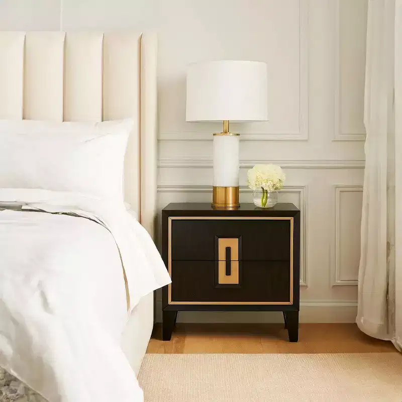 2-Drawer Nightstand, 27 Inch, Espresso Brown with Gold Accents, Solid Wood Blend