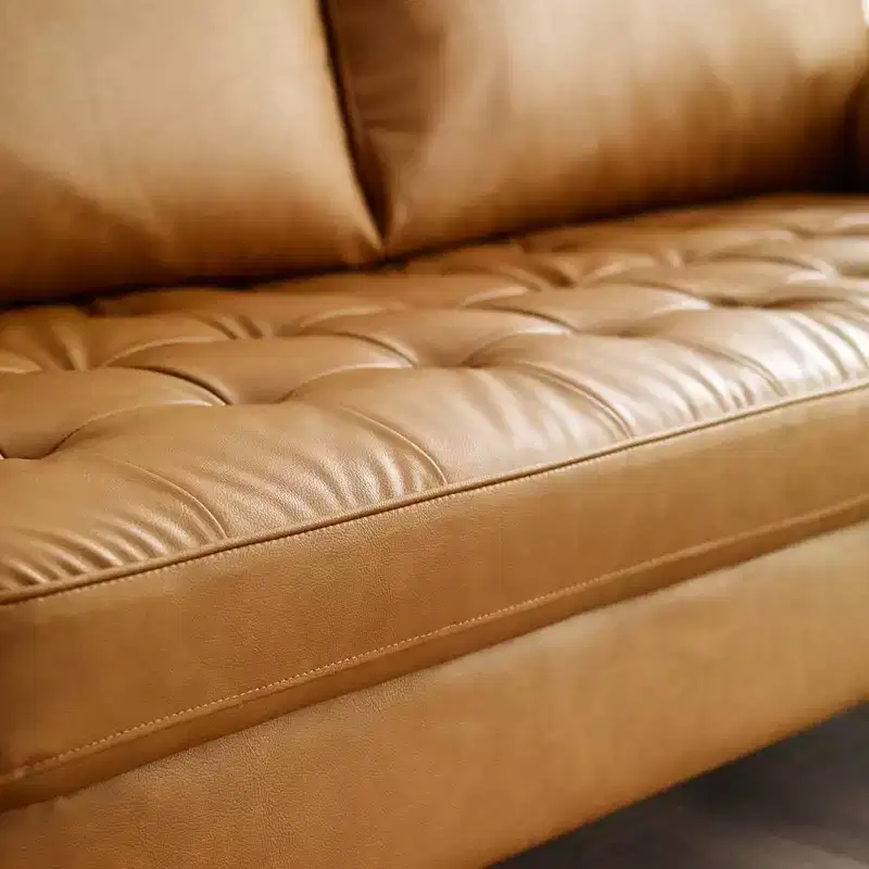 Mid-Century Modern Faux Leather Sofa Tan Seats 4