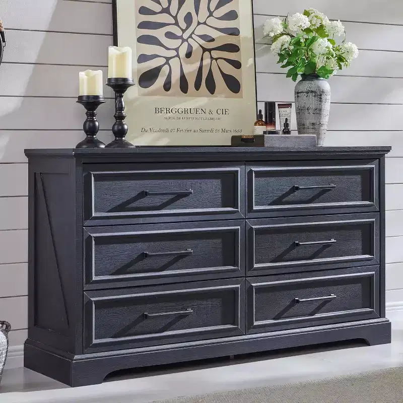 6 Drawer Dresser for Bedroom, Farmhouse TV Stand with 6 Drawers, 52 W Rustic Dresser Wood Chest of Drawers for Bedroom