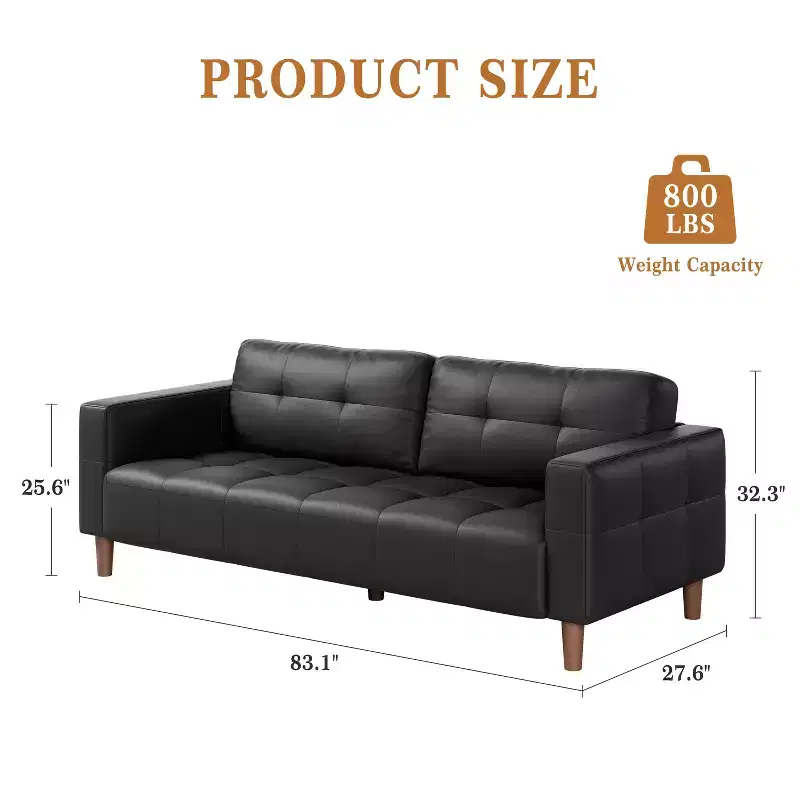 83-Inch Faux Leather 3-Seater Sofa with Back Cushion – Mid-Century Modern