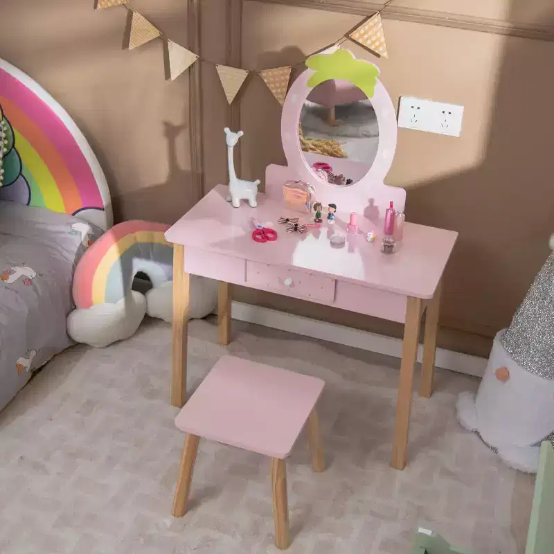 BALHAM TRADE-Kids Vanity Set for Little Girls with Real Oval Mirror Wooden Dressing Table and Stool