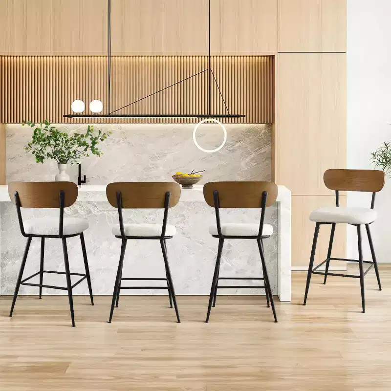 Set of 4 Armless Counter Height Bar Stools with Backs, 27 Cream Boucle Upholstered Island Chairs with Metal Legs - Panipeachy