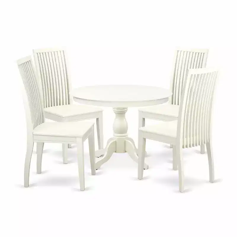 HomeStock 5-Piece Linen White Finish Solid Wood Top Dining table with 4 Chairs with Slat Back