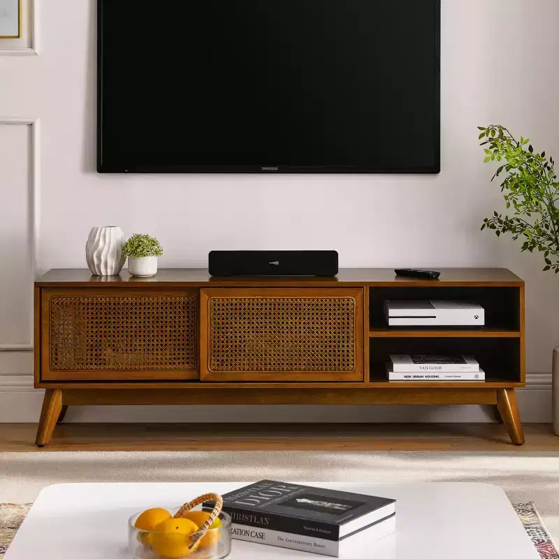 59-inch Mid-Century Modern Rattan Media Console for 65-inch TVs, Solid Wood Base with Rattan Cabinet Doors - Light Wood