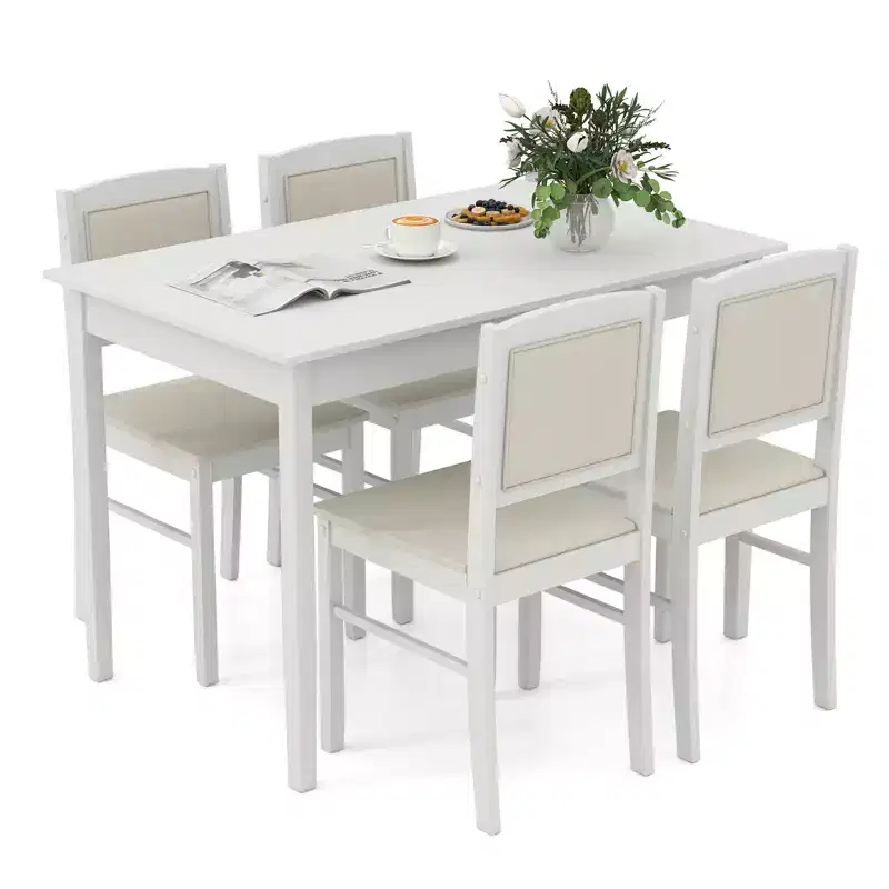 Costway 5 PCS Dining Table Set for 4 w/Rubber Wood Legs Upholstered Seat Padded Backrest