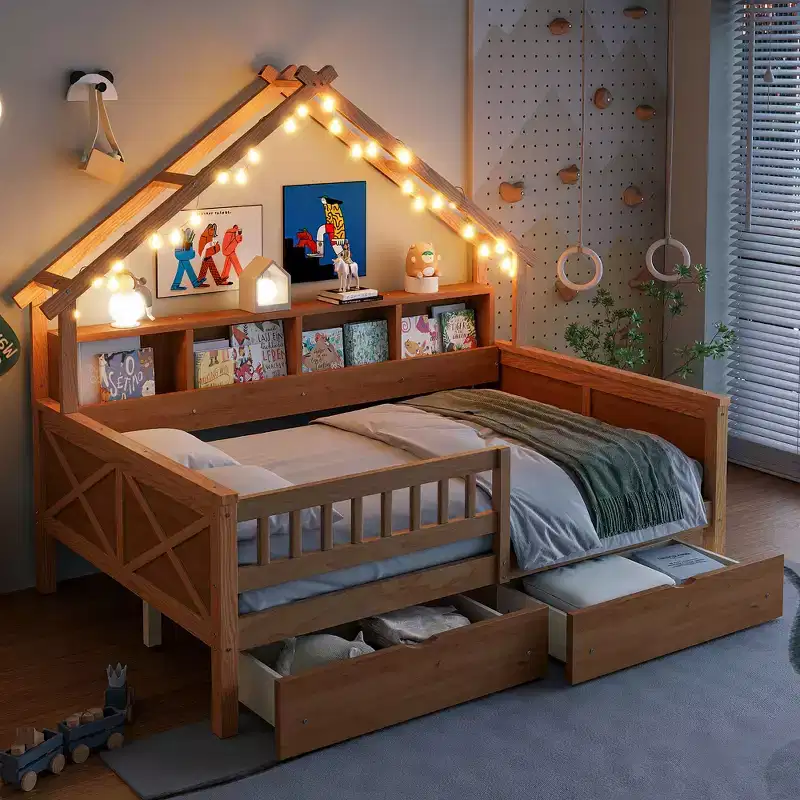Whisen Wood Full Size House Platform Beds with LED
