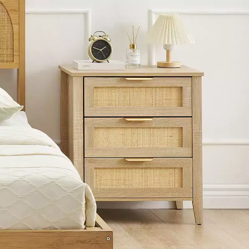 Rattan Nightstand, Boho Bedside Table with 3 Drawers Storage and Starage Shelf, Bedside Table with Sturdy Wood Legs for Kids' Room Farmhouse, Bedroom