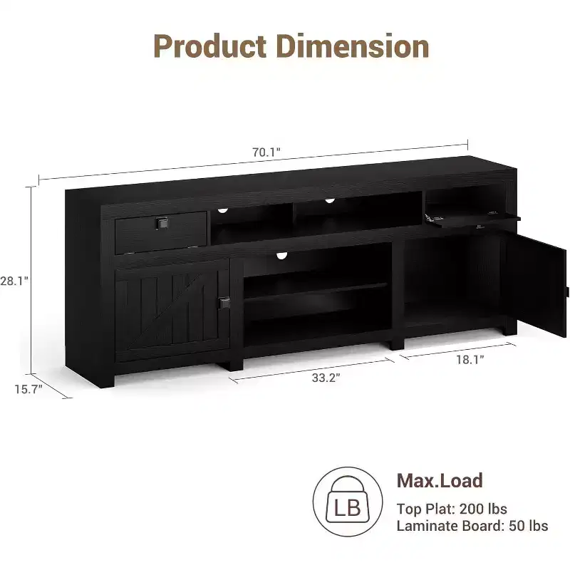 Farmhouse TV Stand for Tv Up to 80 Inches, Long Entertainment Center with 4 Storage Drawers & 3 Open Shelf for Living Room, Bedroom - Black