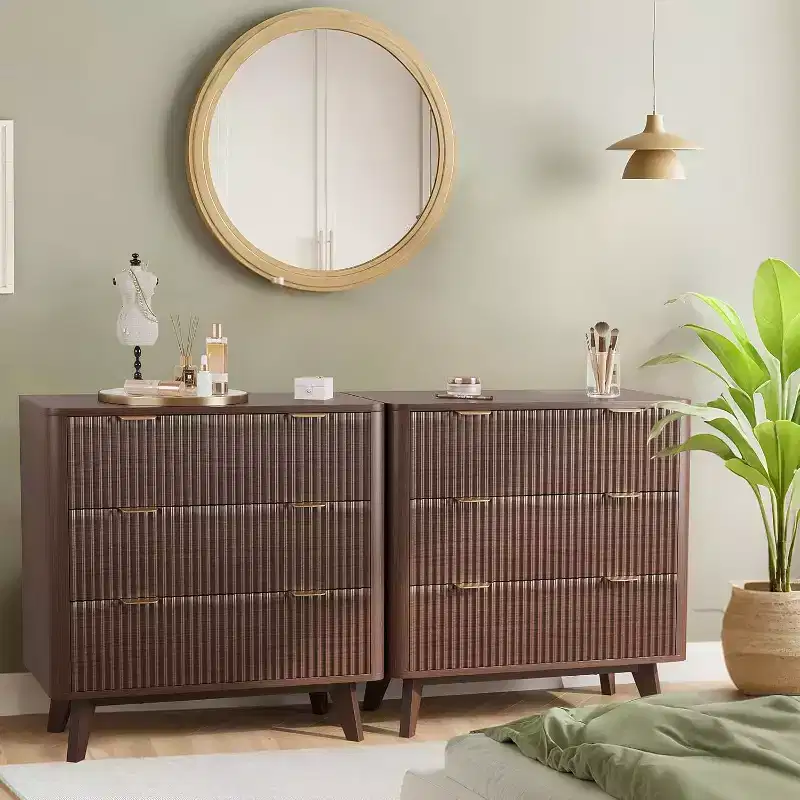 COZONY Modern Nightstands Set of 2, Fluted Bedside Tables with Faux Marble Top and 3 Drawers for Bedroom and Living Room