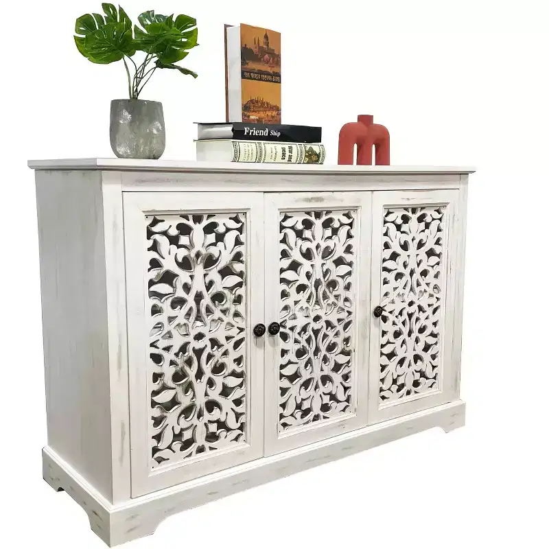 Sideboard Buffet Cabinet with 3 Hollow Carved Doors, Wooden Storage Console Table for Entryway Living Room Dining Room Kitchen