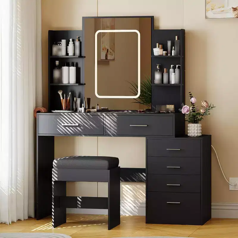 Makeup Vanity Desk with Lighted Mirror, Charging Station, Padded Stool, Hair Dryer Rack, 3 Lighting Modes Adjustable Dressing Table for Bedroom