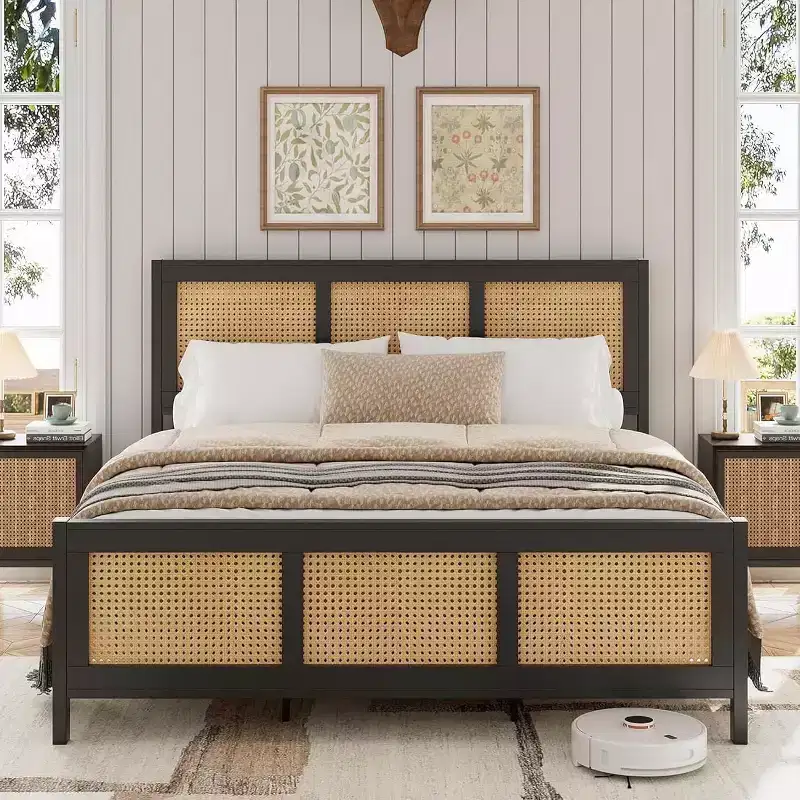 Black Boho Cane Full Size Rattan Bed Frame with Headboard, Strong Metal Slat, Noise Free, No Box Spring Needed