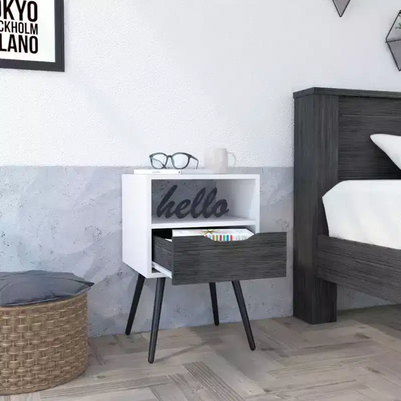 Modern Nightstand with Open Shelf and Single Drawer, Smokey Oak / White Finish
