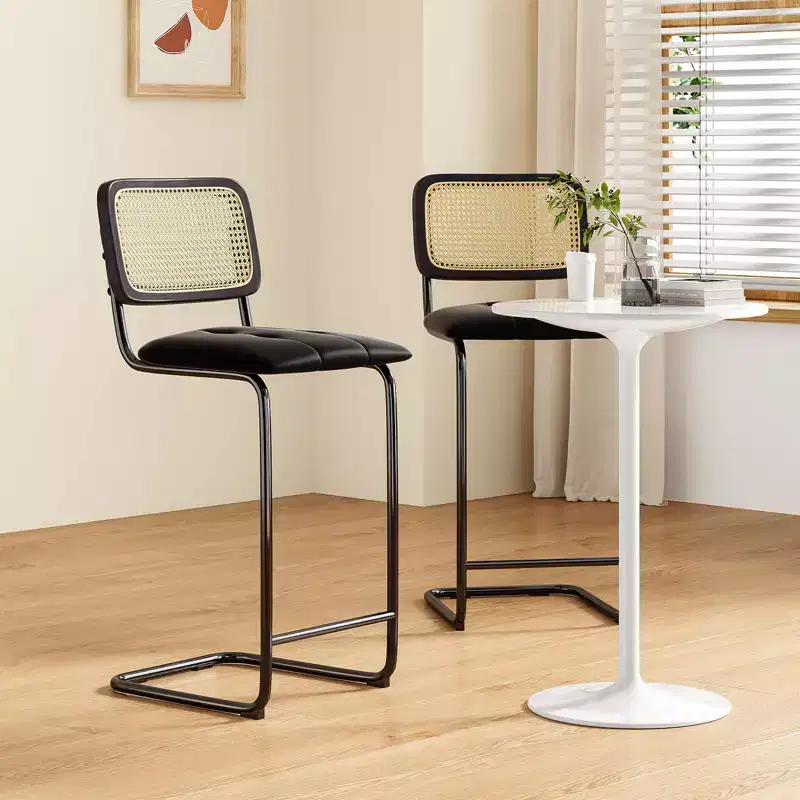 PexFix 2Pcs Counter Height Bar Stools Upholstered PU Leather Barstools with Rattan Back 30 inch Stools Armless Bar Chairs for Kitchen Island Black