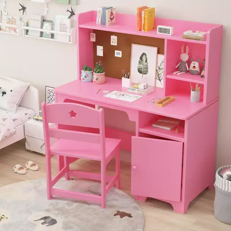 Ergonomic Kids Desk & Chair Set with Hutch & Storage Cabinet, Wooden Study Table for Children's Bedroom or Study Room
