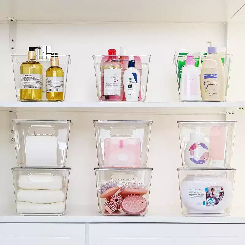4 Pack Clear Plastic Stackable Storage Bins with Lids, Perfect for Kitchen, Fridge, Cabinet, Closet, Bathroom Organization