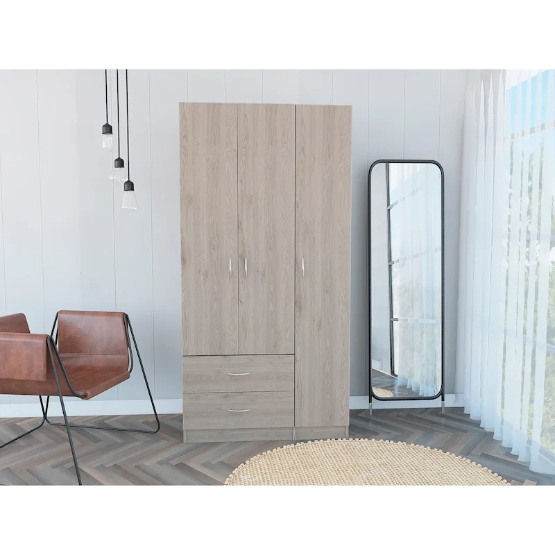 FM Furniture Eureka 3 Door Armoire with 2 Drawers, Inner Shelves, and Rod