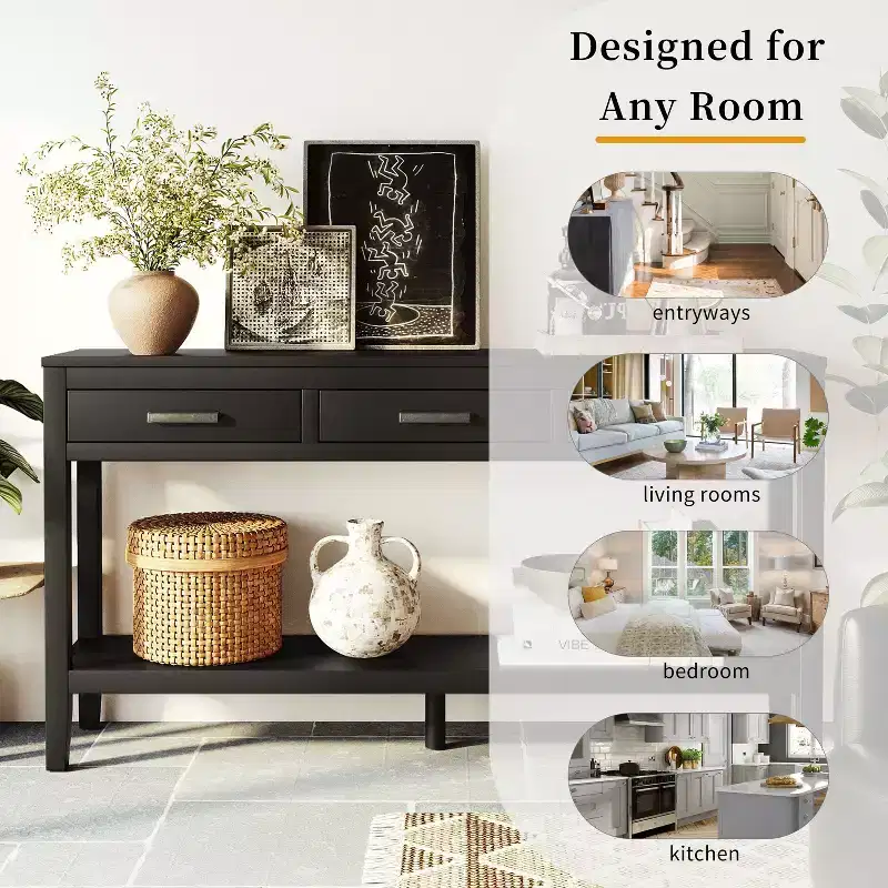 Okak 59.1IN Farmhouse Entryway Table with Bottom Shelf, Narrow Console Table with 3 Drawers and Iron Handles, Accent Table for Hallway, Foyer, Black