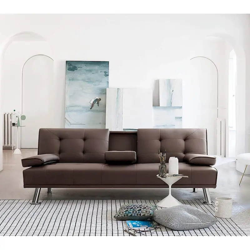 Furniwell Modern Faux Leather Futon with Cup Holders & Pillows, 65