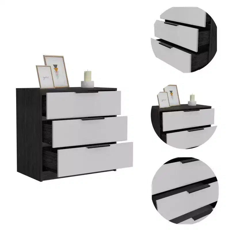 28-Inch White and Smokey Oak Manufactured Wood 3-Drawer Dresser