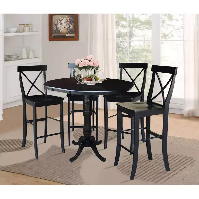 36" Draco Round Top Extension Dining Table, 12" Leaf, 4 Stools - International Concepts