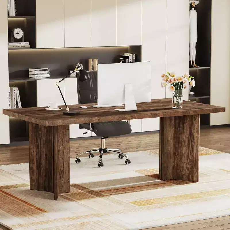 Lantine 63-inch Executive Desk, Vintage Office Computer Desk with Large Tabletop, Farmhouse Wood Writing Table Workstation for Home Office, Dark Brown