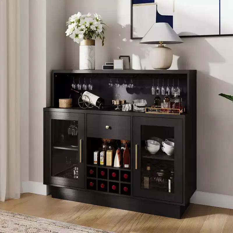 Premium 2-Tier Wine Bar Cabinet with Glass Doors & Storage Drawers - Versatile Home Bar Furniture for Kitchen, Dining Room, Office, Game Room
