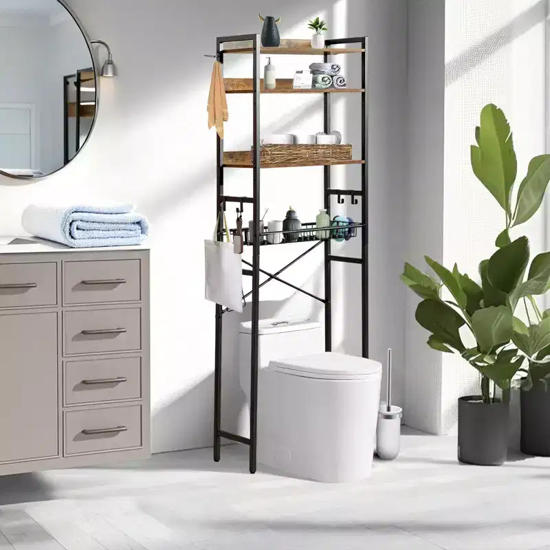 FurnitureR 4-Tier Over-The-Toilet Storage Shelf, Freestanding Bathroom Organizer with Adjustable Shelf & Basket, Space-Saving Rack Above Toilet, Brown
