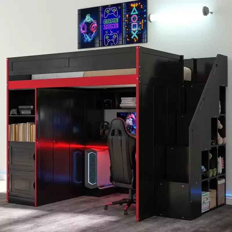 Gaming Loft Bed with Desk, Storage Space and LED Lights