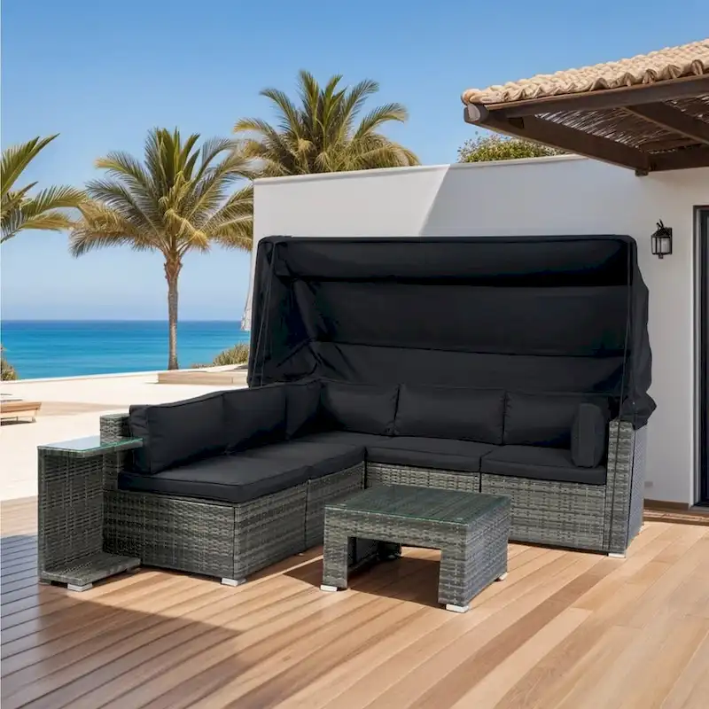 7-Piece Patio Furniture Set with Retractable Canopy - Grey Wicker, Black Cushions