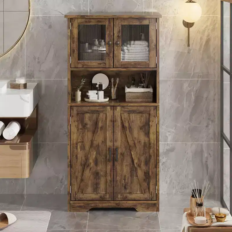 54in Tall Kitchen Cabinet, Farmhouse Storage Cabinet with Glass Doors and Adjustable Shelves