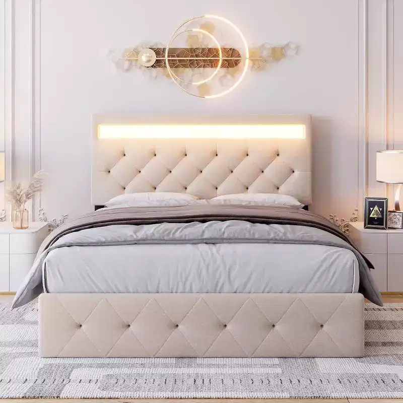 Full Size Bed Frame with Adjustable Headboard, Fast-charging USB Port, Upholstered Platform, LED Lights, No Box Spring Needed, Beige