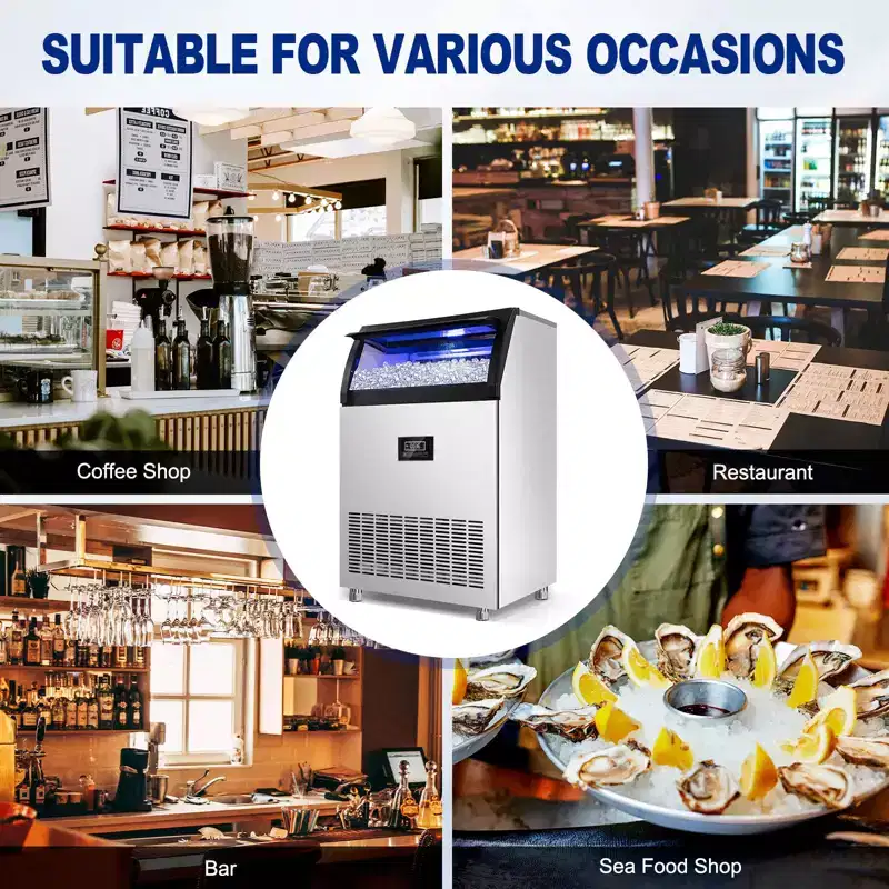 Denjol Commercial 90-Cube Ice Maker with LCD Display - 250 lbs/24H, Energy Efficient, Stainless Steel Construction
