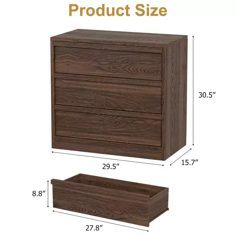 Modern 3-Drawer Dresser, Versatile Bedside Nightstand and Storage Chest, Walnut