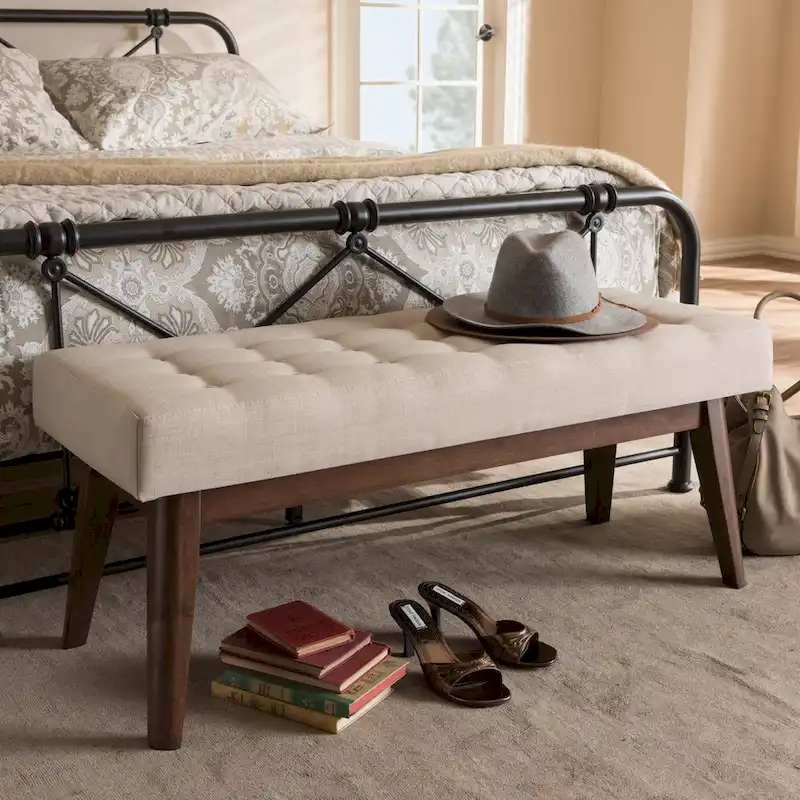 Mid-Century Fabric Button-Tufted Bench