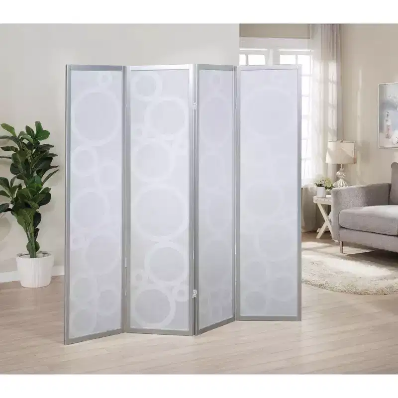 Arvada 4-Panel Wood Room Divider with Circle Pattern, Silver